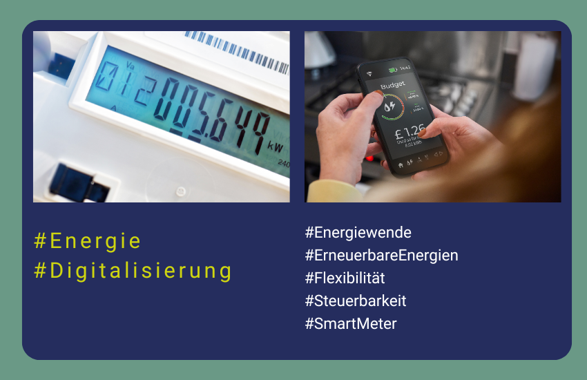 Collage mit zwei Bildern zeigt einen digitalen Stromzähler und zwei Frauenhände mit einem Smartphone, auf dem Energieverbräuche und Kosten abgebildet sind. Headerbild zum Beitrag Smart Meter, dunkelblauer Hintergrund mit techneawble Tags Energie und Digitalisierung sowie weitere Tags zum Beitrag in weißer Schrift